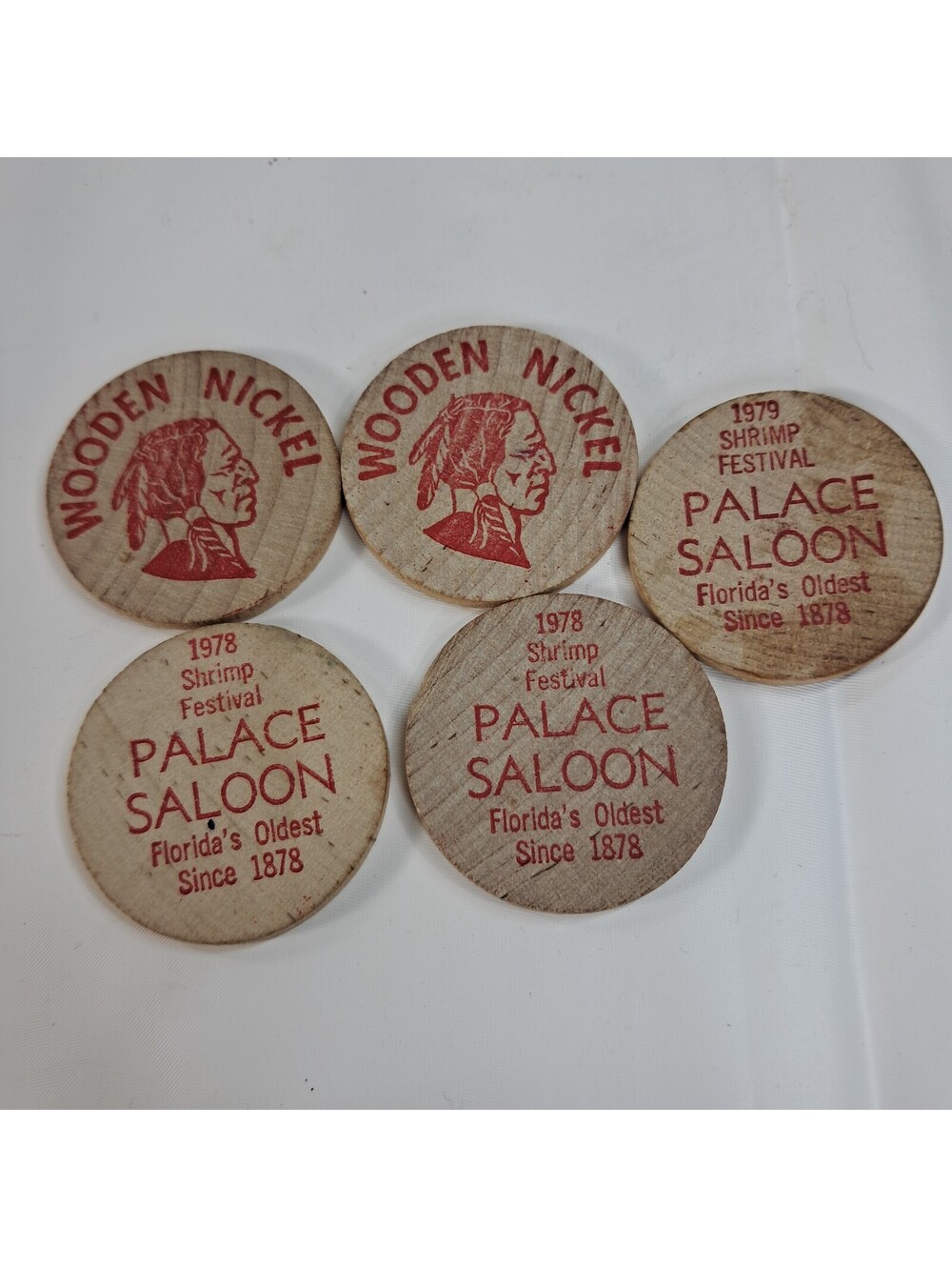 Wooden Nickel set 5 Shrimp Festival Palace Saloon Florida 1978 1979 wood Vintage